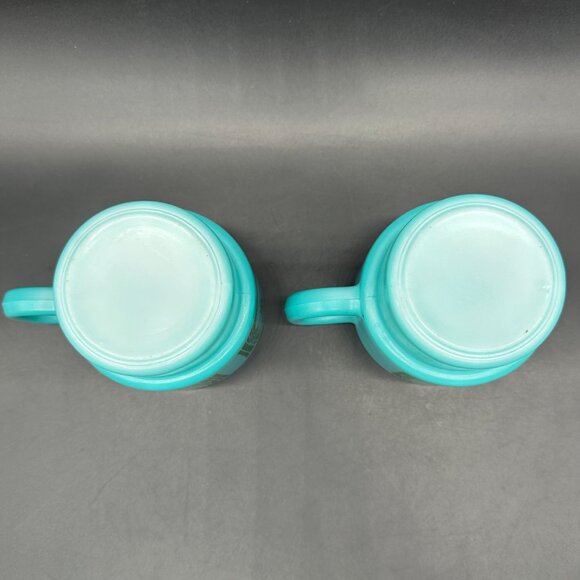 Vintage Milk Glass Mugs Hazel Atlas Teal Green Stacking Fruit Cherry Pear Apple - Picture 7 of 12